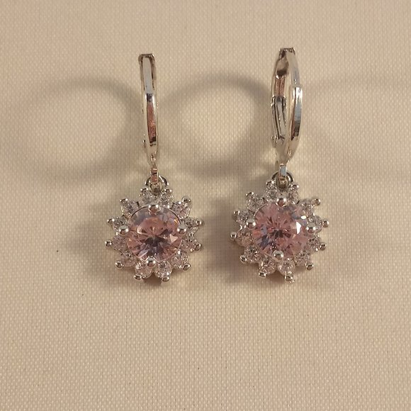 18K White Gold Filled Flower Pink Diamond Zircon Dangle Earrings .84ctw Gorgeous - Picture 2 of 3